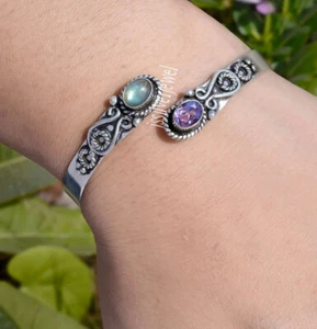 Labradorite,Amethyst Cut Gemstone Bracelet 925 Sterling Silver Special Gift Cuff - Picture 1 of 5