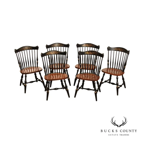 L. Hitchcock Set of Six Black and Gold Stencil Decorated Windsor Dining Chairs Cover