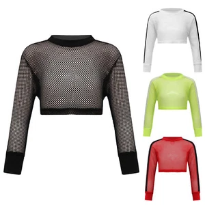 UK Kids Girls Mesh Crop Tops Jazz Hip Hop Dance Performance Shirts Long Sleeves - Picture 1 of 41