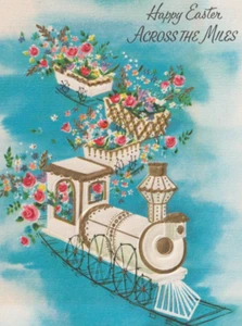 C1940s Paramount Blue Pink Rose Floral Train Locomotive Happy Easter Poem Card - Picture 1 of 4