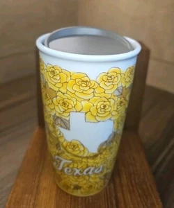 Bicchiere tazza viaggio ceramica Starbucks TEXAS oro giallo rosa 10 oz + coperchio 2021NUOVO - Foto 1 di 9