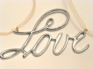 "LOVE" Script Silver Tone 7 3/4"W. Metal Hanging Sign, Ribbon Attached, New ! - Picture 1 of 4