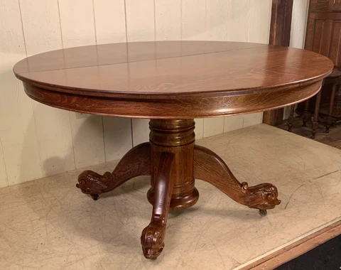 Antique Oak 52" Round Dining Table with 4 Leaves & Carved Dolphin Feet Cover