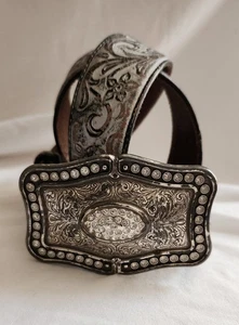 Silver Justin Boots Rhinestone Bling Leather Belt 32 Country Southwest Western  - Picture 1 of 5