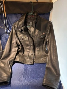 VINTAGE Y2K Ecko Red GENUINE LEATHER Cropped Trucker Jacket Button Up NEW VTG - Picture 1 of 14