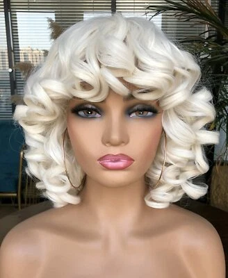 Short Curly Wig for Women with Bangs Loose Curly Short Curly Wigs White Blonde - Imagem 1 de 4