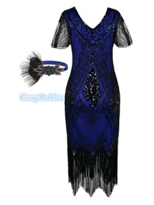 Deluxe Ladies 1920s Roaring 20s Flapper Gatsby Costume Sequins 8-20 Black Blue - Picture 1 of 14