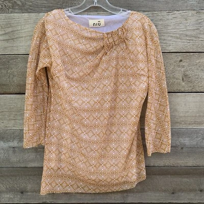 Top Niu para mujer L malla estampado tribal semi transparente asimétrico acanalado cuello tostado Foto 1 de 4