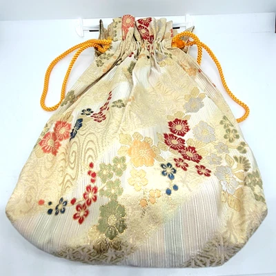 Bolsa con cordón Kinchaku japonesa vintage crema floral brocado cordón naranja Foto 1 de 4