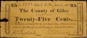 1862 DATED "COUNTY OF GILES"  (VIRGINIA)  .25 CENTS NOTE-CONFEDERATE-CIVIL WAR - Picture 1 of 2