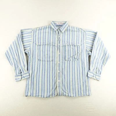 Vintage Guess Shirt Men Large Blue Green White Striped Button Up Made In USA 90s - Image 1 of 4