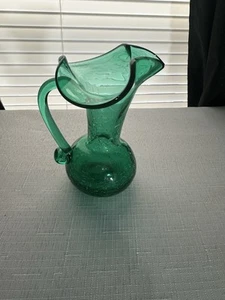 Kanawha Crackle Glas Krug Milchkännchen gewellte Oberseite um 1960 + türkis grün Vintage MCM - Bild 1 von 9