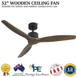 52 Inch Quiet Ceiling Fan Remote Control Indoor Outdoor 3 Wooden Blades 8H Timer - Picture 1 of 8