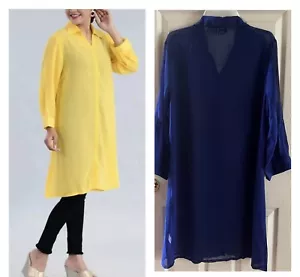 Tamsy Womens Blue Cover Up Large Loose Fit Chiffon Button Down Shirt Beach Sheer - Picture 1 of 17