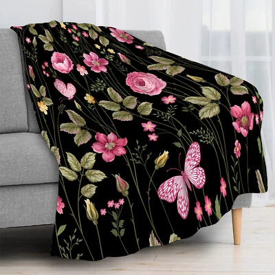 Butterfly Green Leaf Pink Floral Black Throw Blanket for Couch Bed Sofa Office - Image 1 of 4