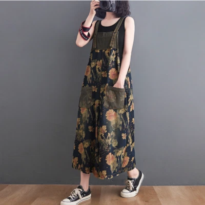 Lady Floral Printed Denim Dungarees Jumpsuit Jeans Trousers Pants Overalls Loose - Image 1 of 4
