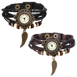 Women Girls Boho Tribal Multilayer Wing Charm Leather Band Quartz Bracelet Watch - Picture 1 of 14