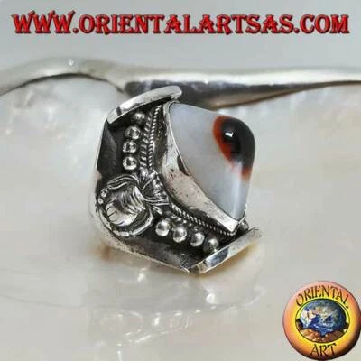 Anello in Argento 925‰ agata occhio di Shiva sporgente ovale bicolore nepalese - Immagine 1 di 4