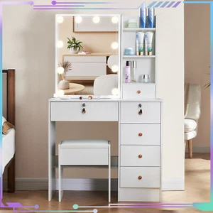 Modern Dressing Table Set Makeup Desk 6 Drawers Sliding Mirror w/ 10 LED Bulbs - Picture 1 of 11