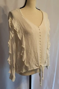 Womens Flowy White/Ivory Long Sleeve Ruffle Top Sheer Tie M Boho Peasant - Picture 1 of 9