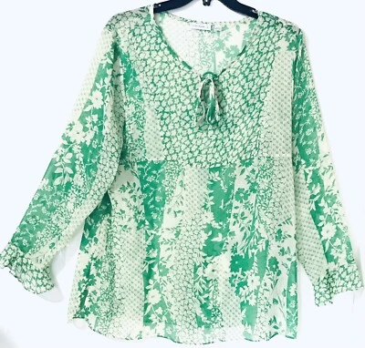Blusa SUSAN GRAVER Verde/Marfil Floral Arrugado Volantes Hada Transparente Top Fluido Talla L Foto 1 de 4
