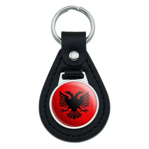 Albanian National Country Flag Black Leather Keychain - Picture 1 of 1