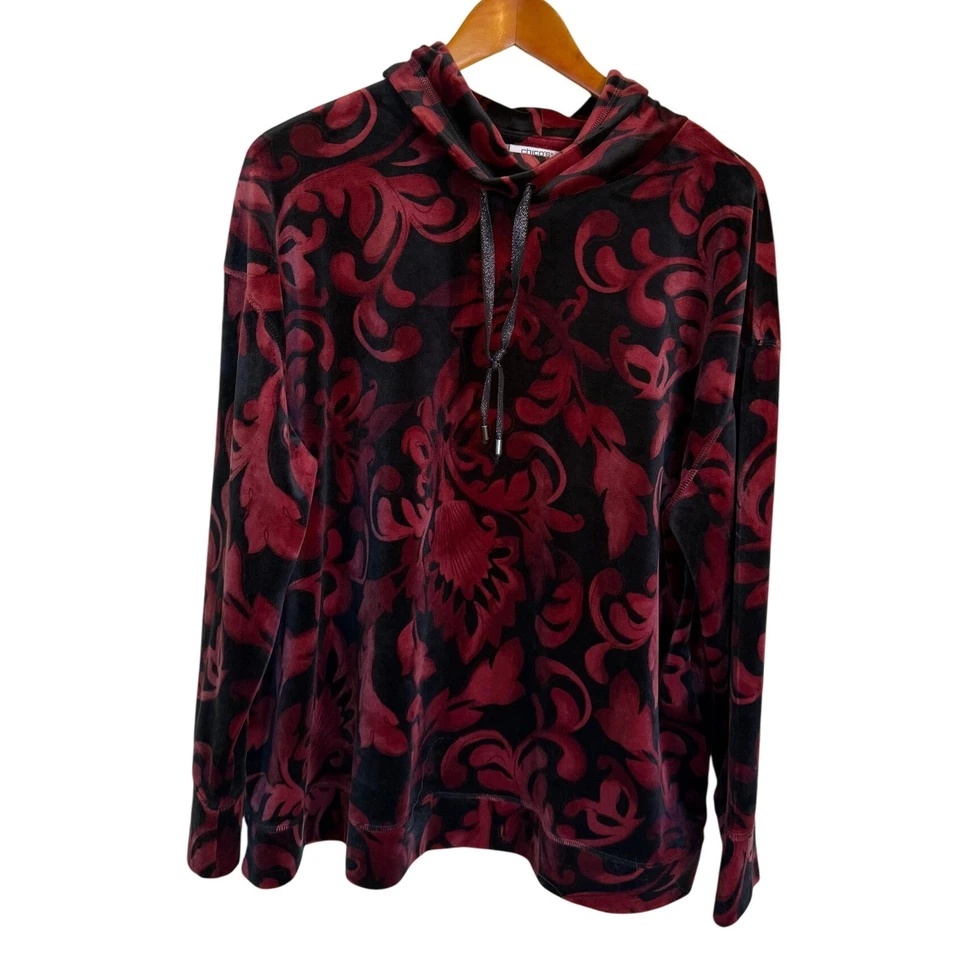 Chicos Top Women 3 XL Red Black Velvet Burnout Floral Cowl Neck Cozy Holiday - Image 1 of 4