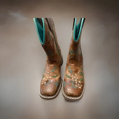 SMOKY MOUNTAIN Size 9.5 R Brown Floral Square Toe Western Girls Cowboy Boots - Image 1 of 4