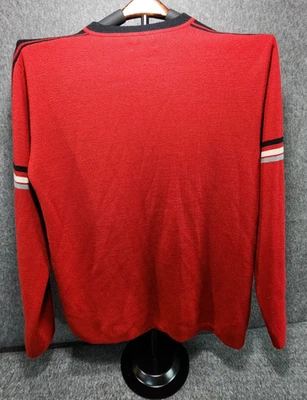 Union Bay 套衫男式 XL Y2K 红色和黑色条纹圆领丙烯酸毛衣 — 第 1/4 张图片