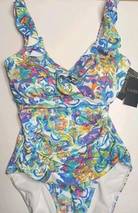 LAUREN Ralph Lauren Swimsuit Sz 8 Ruffle V-neck One Piece Multi Print $160 NWT - Picture 1 of 15