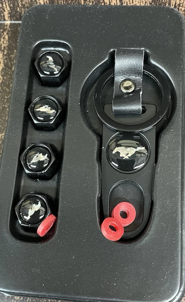 Ford Mustang Valve Stem Caps & Keychain Set Black - Image 1 of 1