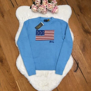 Polo RALPH LAUREN FLAG Women’s Light Blue Knit Cotton Jumper Size S Small RARE - Picture 1 of 21