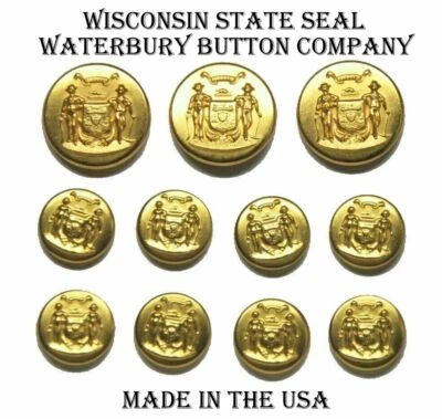 Waterbury WISCONSIN State Seal 24K Золотая Отделка 11 шт. Набор Кнопок для Блейзера  - Изображение 1 из 2