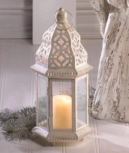 12" White Candle Lantern Lamp Light Vintage Look Centerpiece Terrace Home Decor - Picture 1 of 5