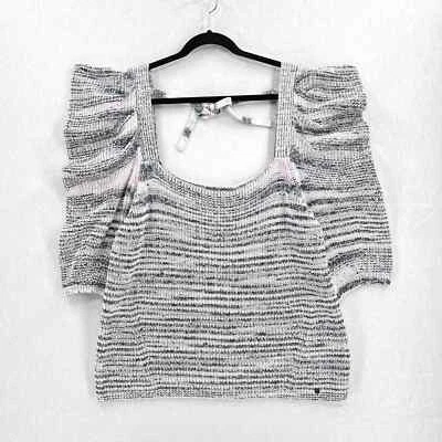 TED BAKER Aspel Puff Sleeve Sweater Womens 12 14 White Gray Marled Tie Back Knit - Image 1 of 4