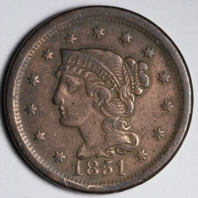 1851 Braided Hair Large Cent * VF * E506 WNM - Imagem 1 de 2