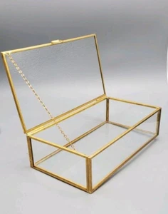 Vintage Crystal Clear Glass With Gold Tone Trim Jewelry Rectangular Casket Box  - Picture 1 of 11