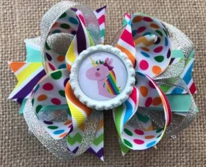 Unicorn Stripe Chevron Polka Dot Bottle Cap Hair Bow 4 1/2" - Picture 1 of 1