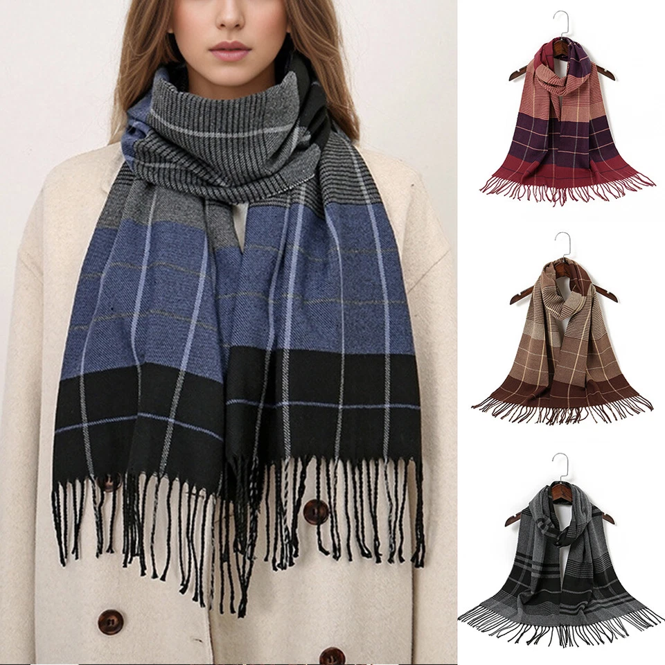 Women Winter Plaid Scarf Soft Fluffy Thick Warm Pashmina Shawl Tassel Scarves v - Image 1 of 4