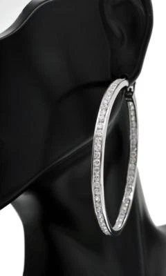 4.00 CT Round Moissanite Inside Outside Large Hoop Earrings Sterling Silver 50mm - Image 1 of 3