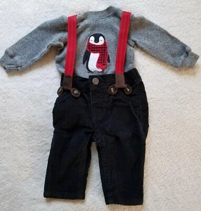 Carters ~ Jungen 2-teiliges Outfit ~ Größe 3 Monate ~ blaue Hose + graues Oberteil ~ Pinguine. - Bild 1 von 12