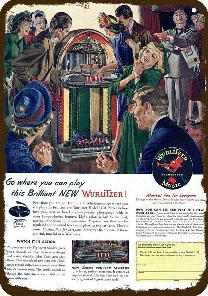 1947 Albert Dorne Art & Wurlitzer Jukebox Vnt-Look DECORATIVE REPLICA METAL SIGN - Image 1 of 1