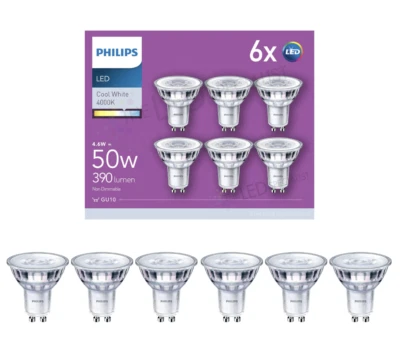 Philips  4.6 W LED GU10 Light Bulbs 50W Cool White Pack of 6 - Image 1 of 4