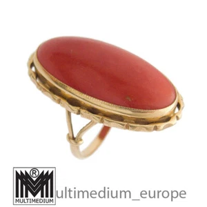 Large 750 gold coral finger ring large oval coral ring 18ct 1930s 1950s - Picture 1 of 7