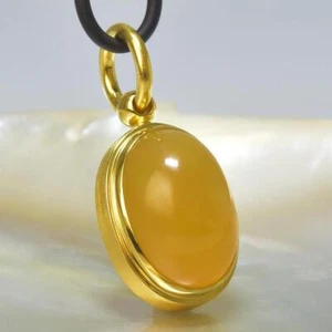 18K Oro Vermiglio Pendente Argento Sterling Giallo Calcedonio Cabochon 11.09 G - Foto 1 di 12