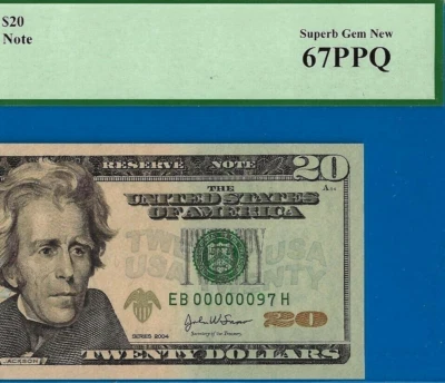 2004 $20 FRN birthday gift PCGS 67PPQ top pop highest graded low serial 00000097 - Image 1 of 4
