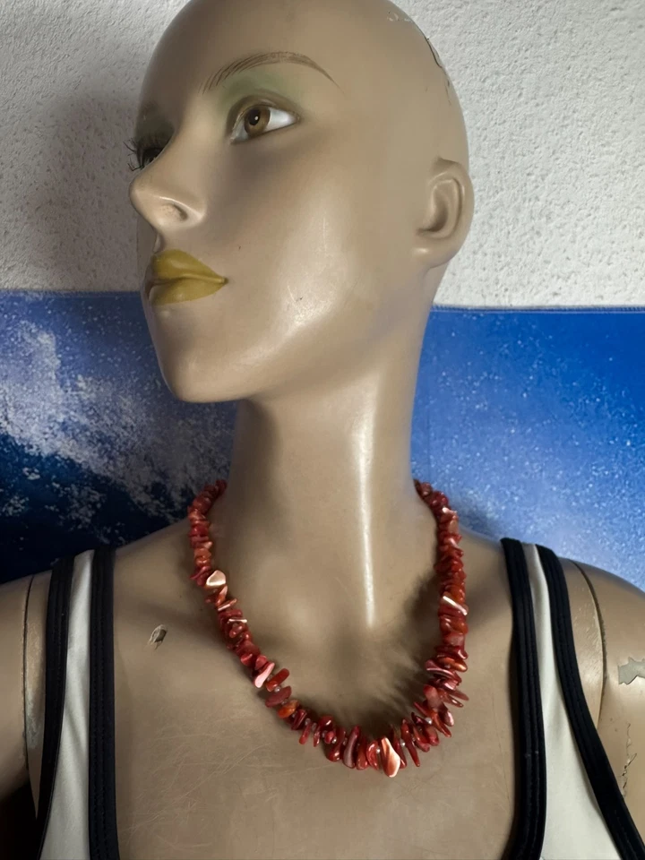 Vintage Korallenkette rot orange Natur Look Splitter Perlen 48 cm Sommer Boho - Bild 1 von 4