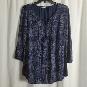 Sonoma Peasant Top BOHO Navy Blue Large print flowy relaxed casual EUC - Picture 1 of 8