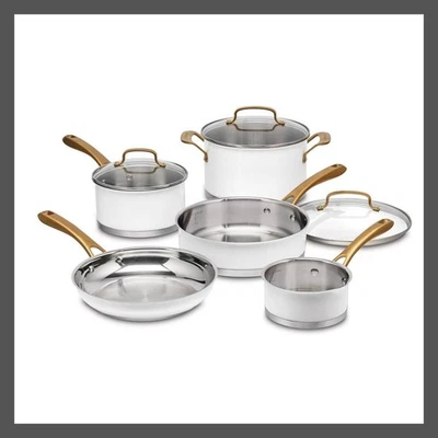 Cuisinart 8PC Stainless Steel Cookware Set 500F Matte White Brushed Gold Pans
