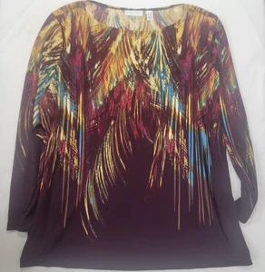 Susan Graver Damen Shirt Größe 2X weinrot braun mit goldblauem Druck Langarm - Bild 1 von 6